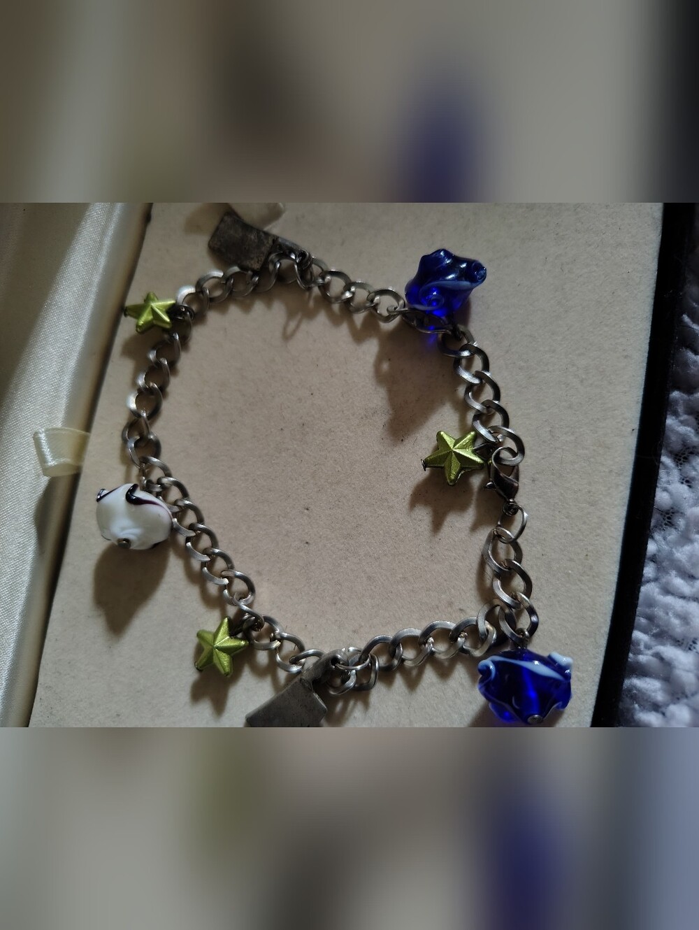 Vintage Celestial Charm Bracelet Blue Glass Green Stars